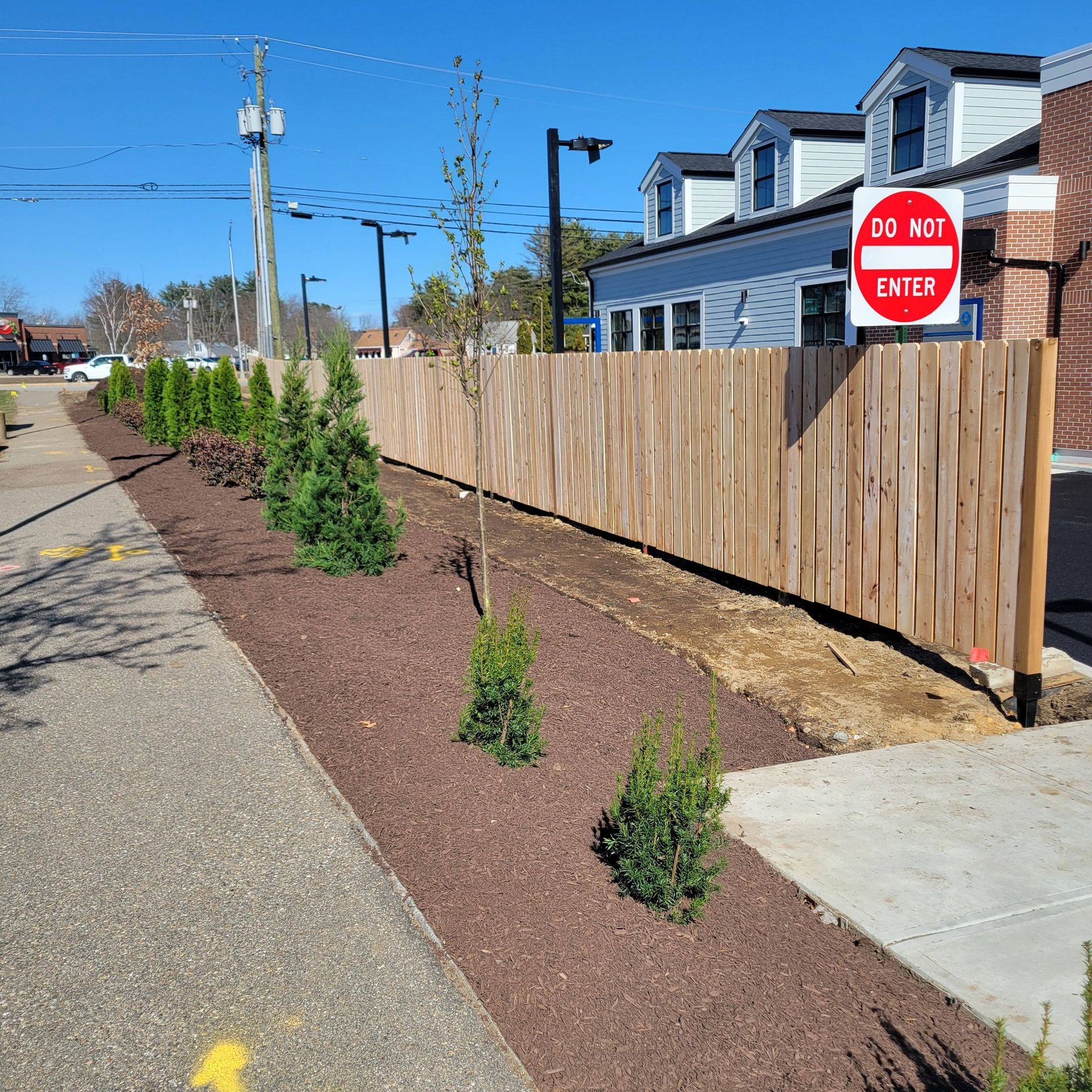 Sidewalk with planted shrubs, brown mulch, wooden fence, and 