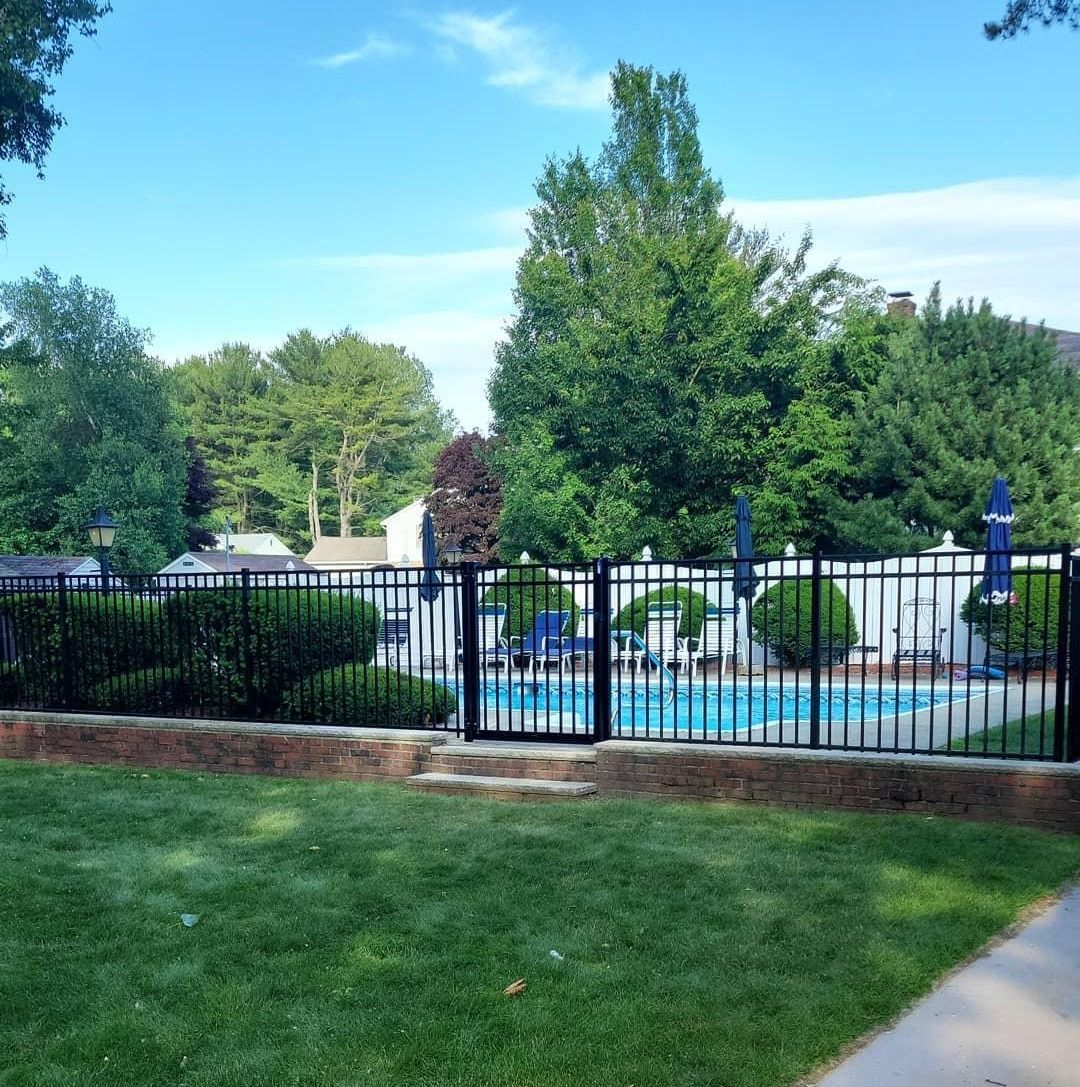 Black metal fence surrounds a pool with blue water. Trees and shrubs fill the background under a blue sky.