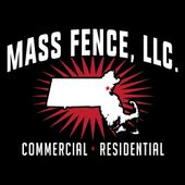 Logo for Mass Fence, LLC: Massachusetts map with red starburst, black background, white text.