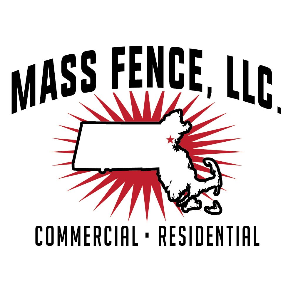 Logo: Mass Fence, LLC. Massachusetts outline with red sunburst, text 