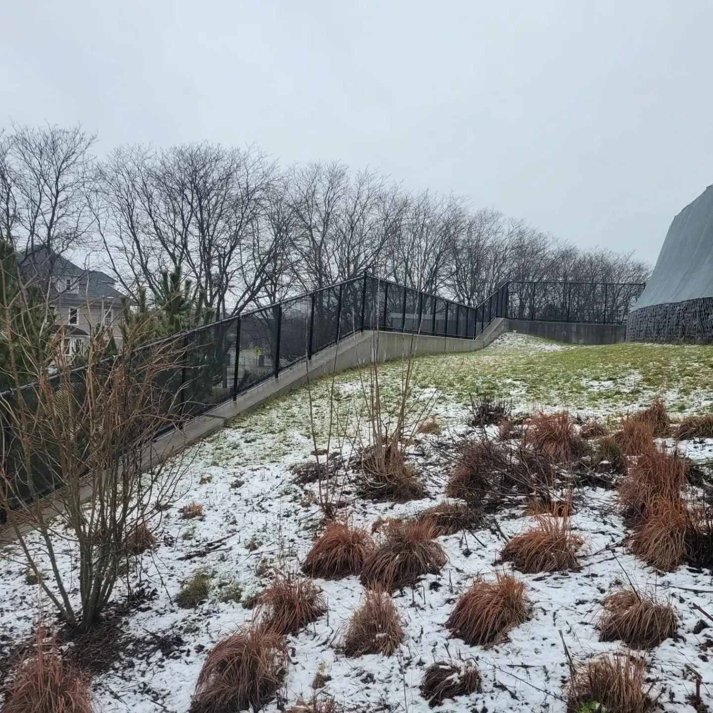Snowy hillside with a fence and bare trees under a cloudy sky.