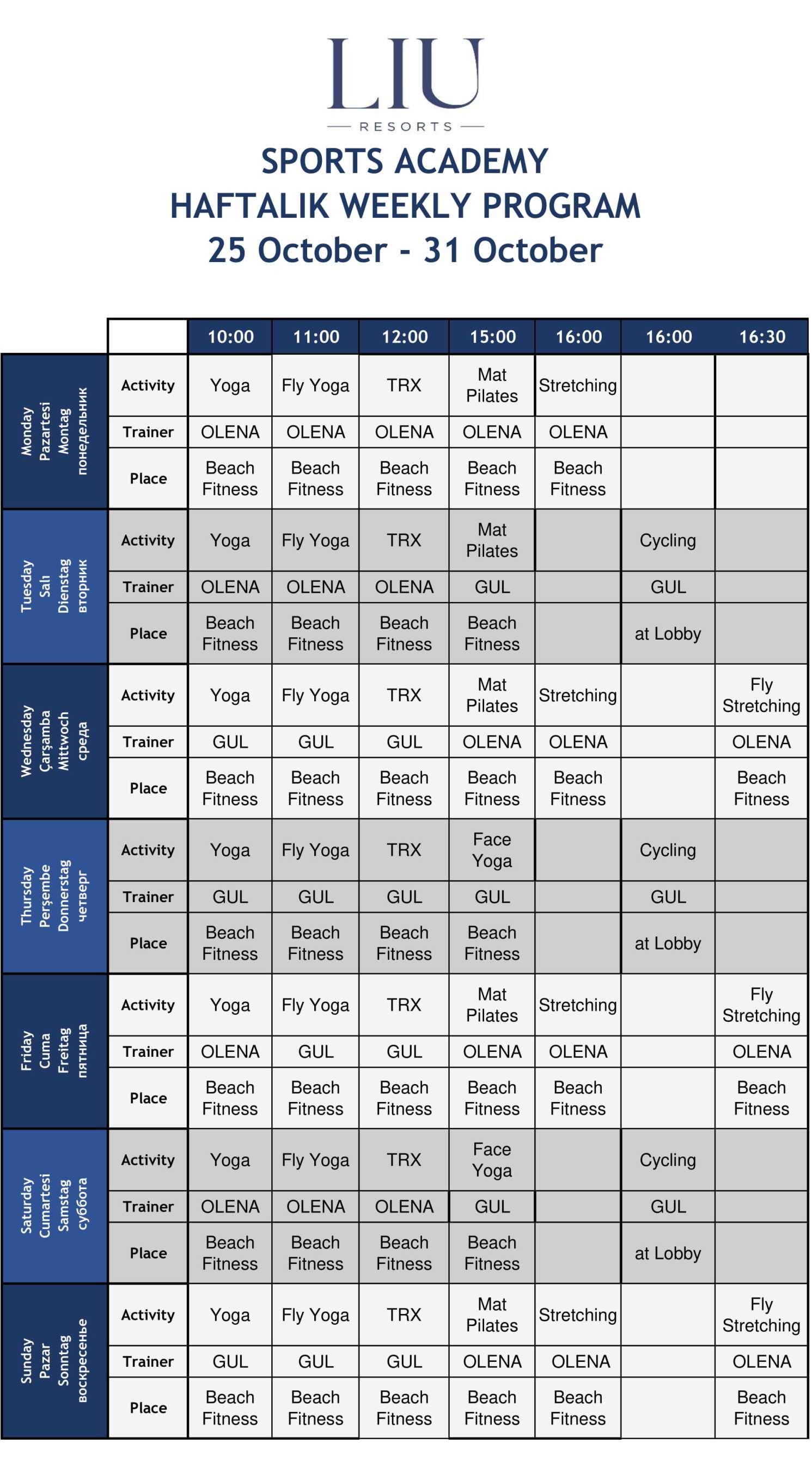 Liu Resort Fitness Schedule