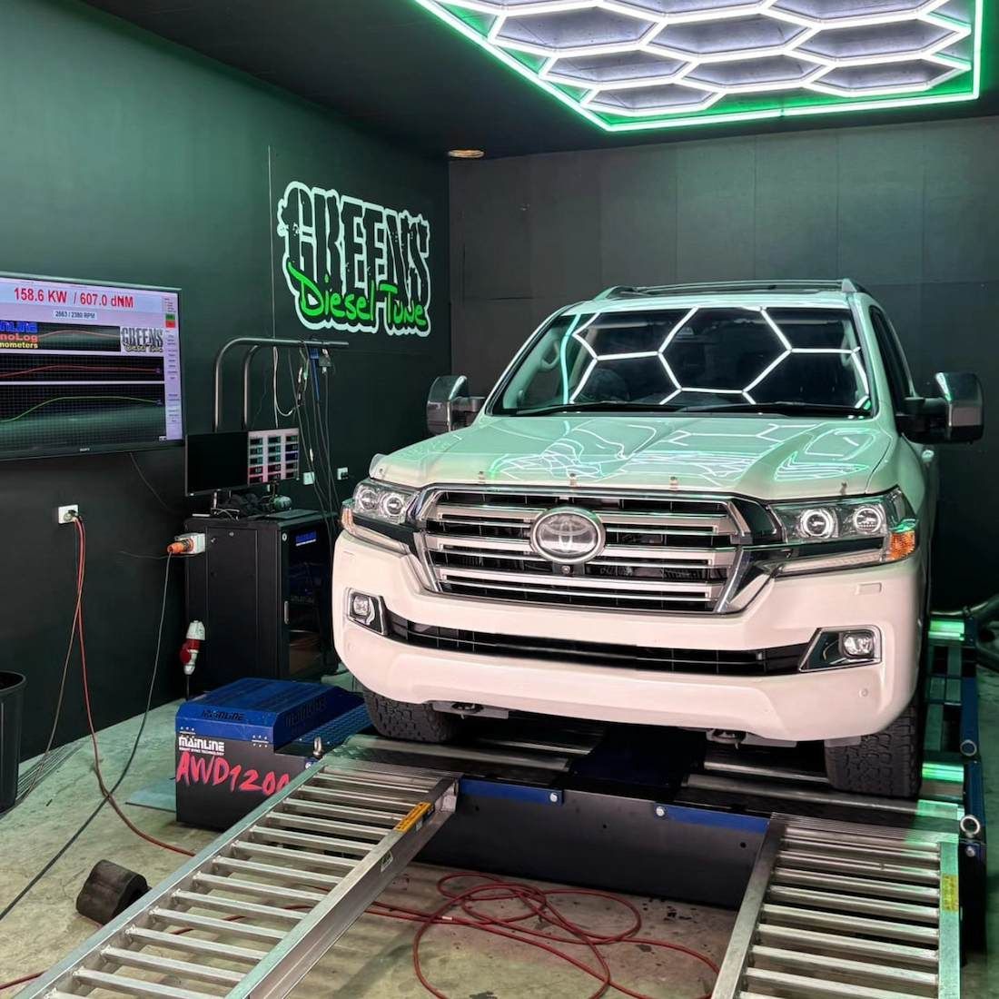 White Toyota Land Cruiser on a Dynamometer in a Garage — Greens Diesel Tune in Camden, NSW