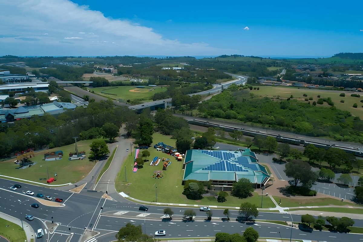 Aerial View of a Building With Solar Panels, Green Space — Greens Diesel Tune in Campbelltown, NSW