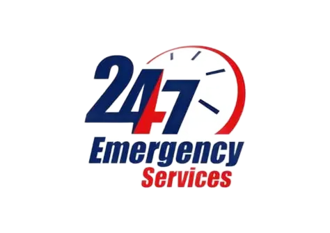 Logo for 24/7 Emergency Services with clock dial,