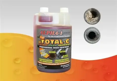 Bottle of Alpha-1 Total-C drain treatment, before/after examples of a drain.