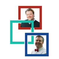 Three frames in red, green, and blue with photos of two white men embedded