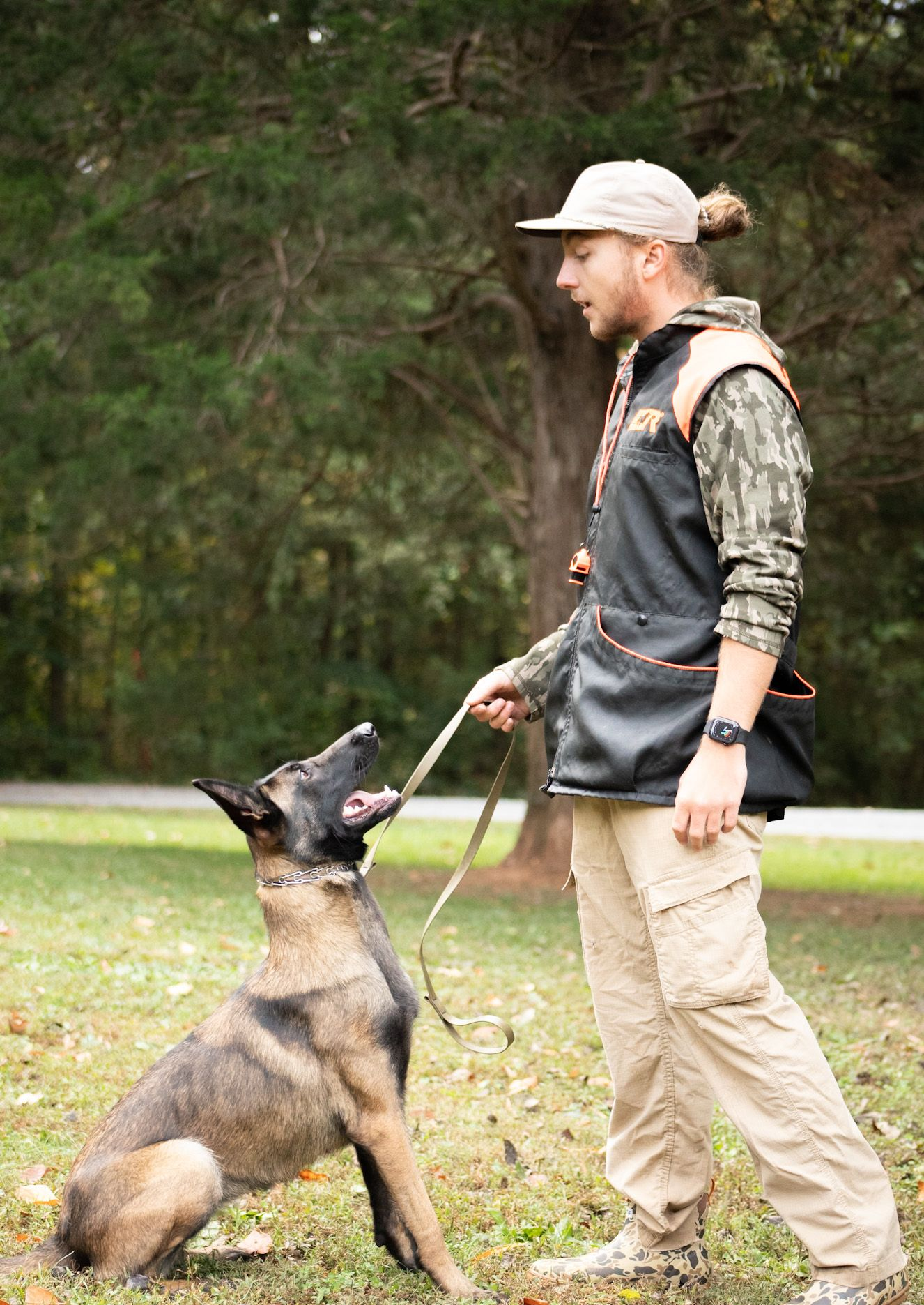 A person in a vest trains a dog outdoors, holding its leash. Dog sits, looking up, park setting.