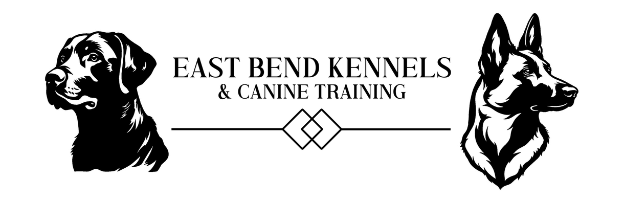 Logo for East Bend Kennels & Canine Training with dog silhouettes and text.