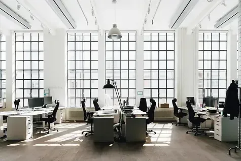 Bright, modern office with large windows, desks, and chairs. Sunlight streams in.