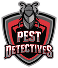 Logo for Pest Detectives with a grey beetle on a red and black shield, with bold, stylized text underneath.