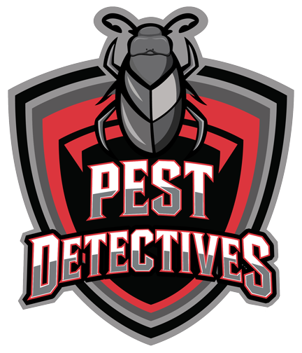 Logo for Pest Detectives with a grey beetle on a red and black shield, with bold, stylized text underneath.