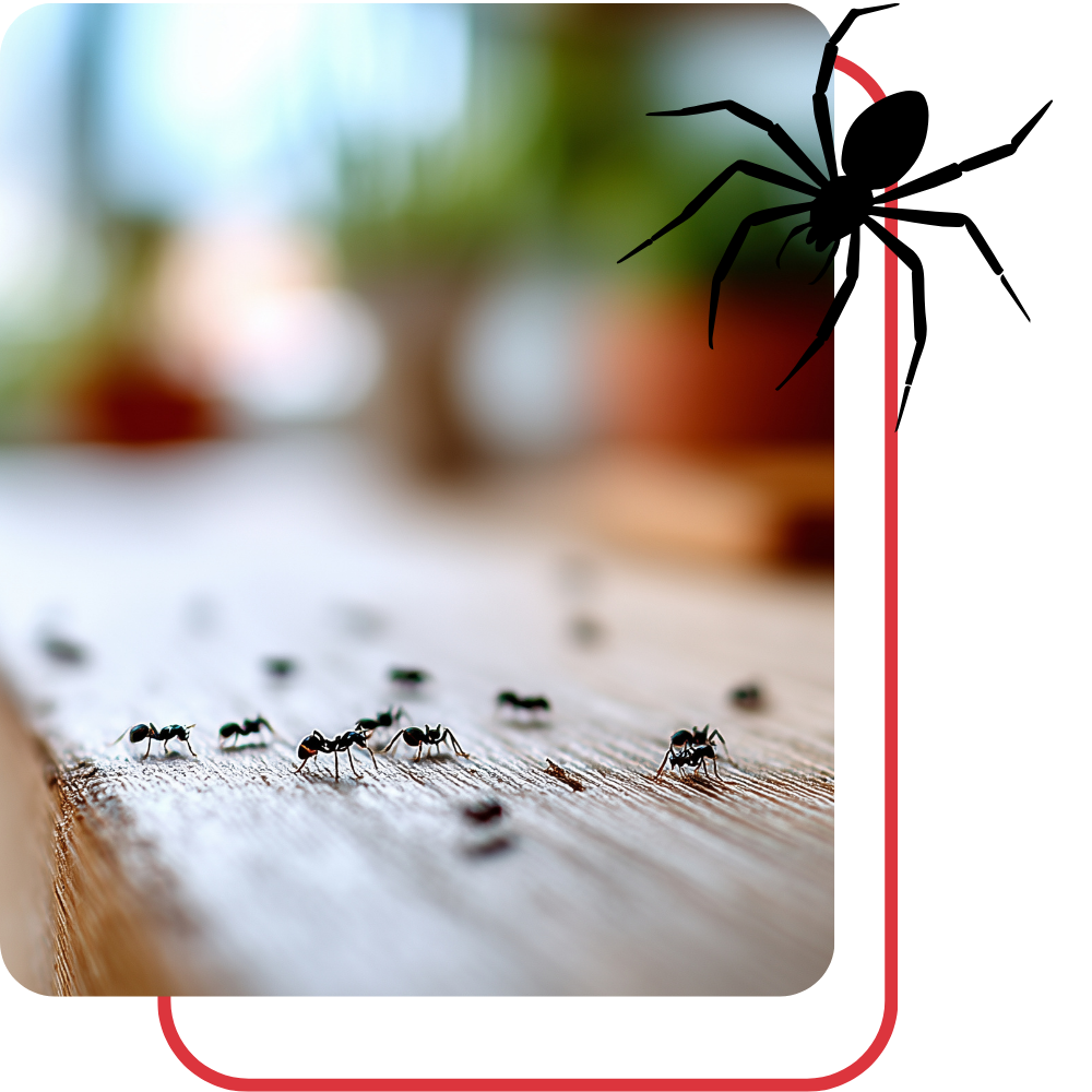 A black spider silhouette hanging above a blurred wooden surface with several small ants walking across it.