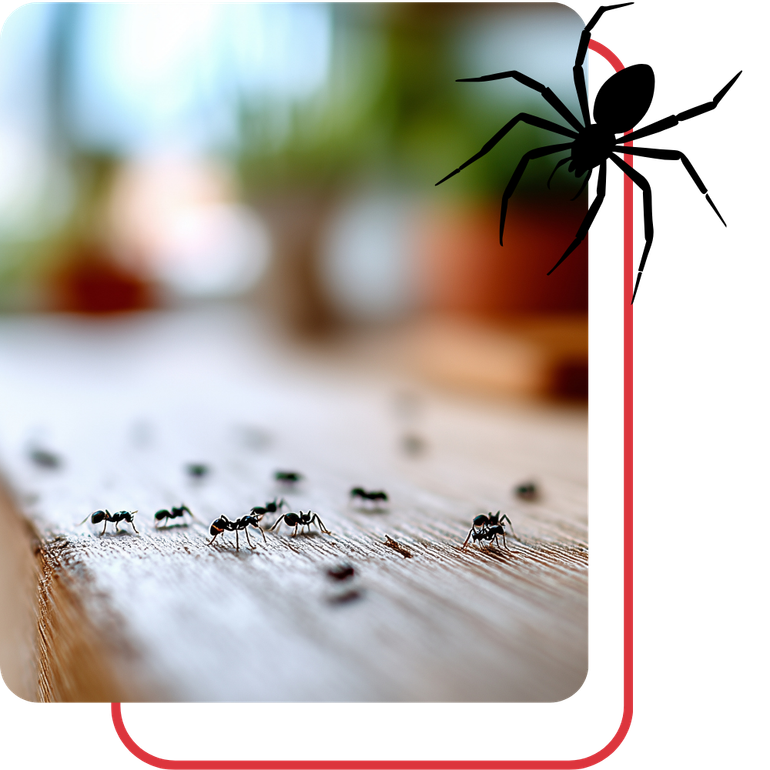 A black spider silhouette hanging above a blurred wooden surface with several small ants walking across it.