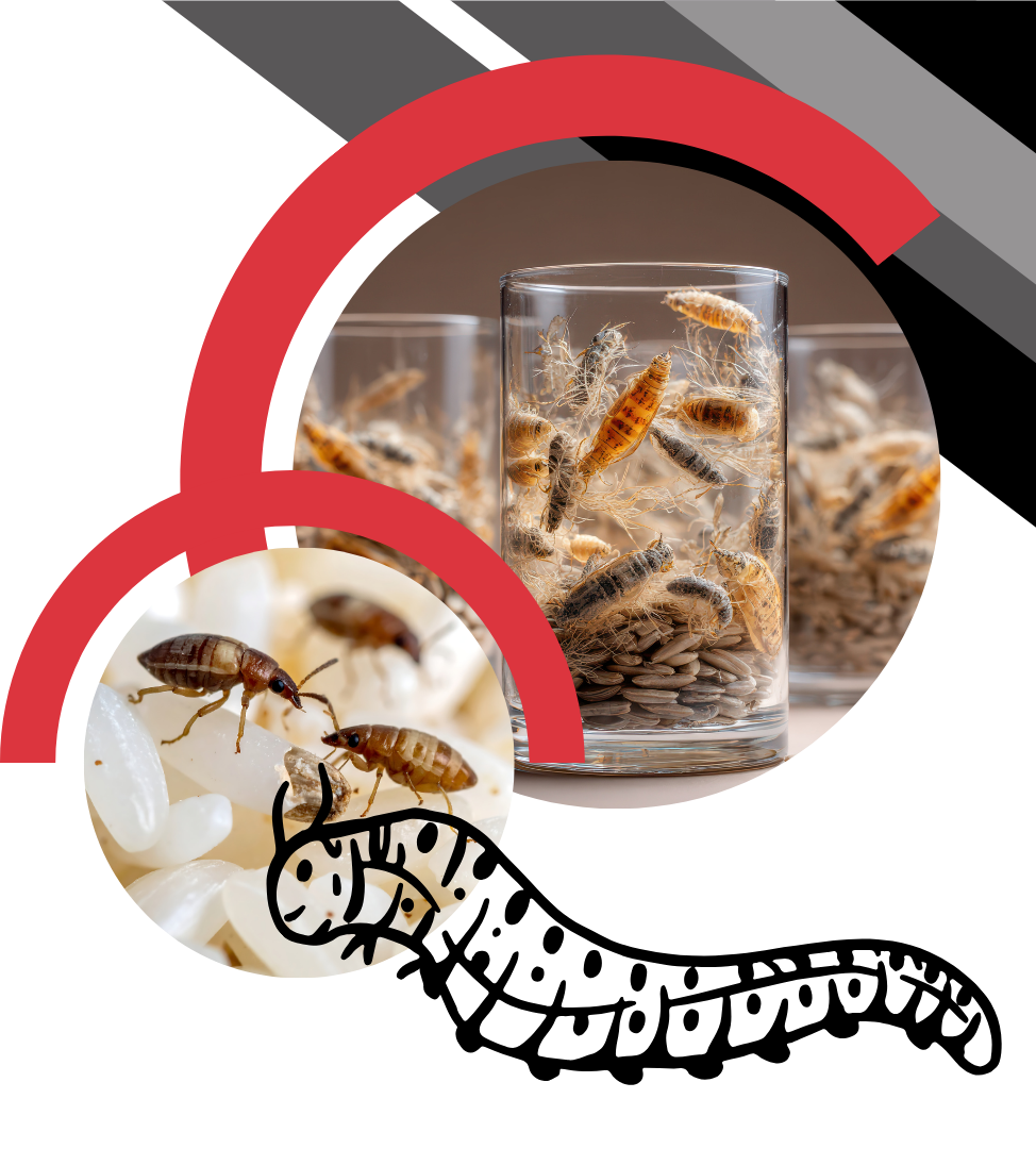 A graphic showing insects and larvae in and around food, with a stylized drawing of a worm at the bottom.