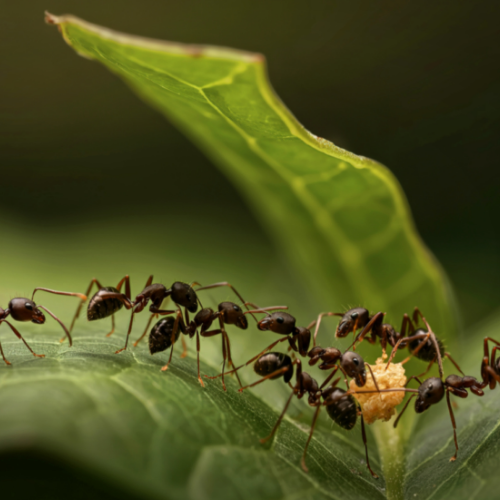A group of dark-colored ants crawling over a green leaf, gathered around a small, light-colored object.