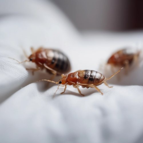 Three brown bed bugs crawling on a white fabric surface.