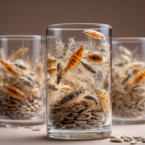 Three glass tumblers filled with sunflower seeds and several insect-like larvae suspended among loose fiber strands.
