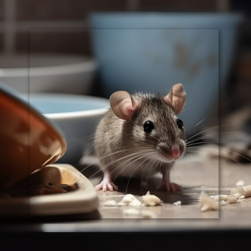A small grey mouse stands on a kitchen counter near ceramic bowls and scattered food crumbs.