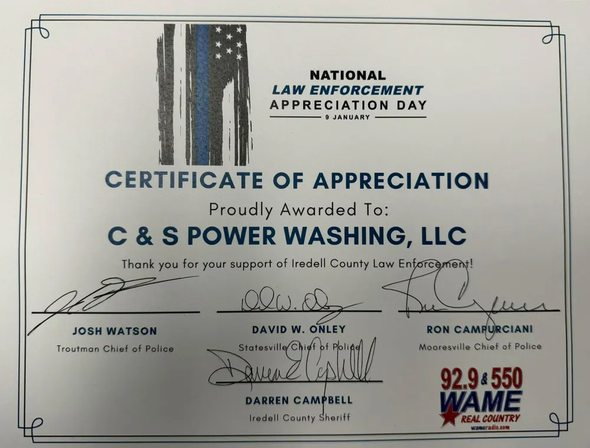 A certificate of appreciation for c & s power washing llc