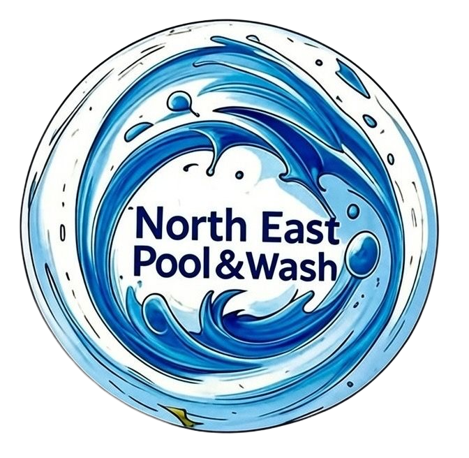 The pool and wash logo is blue and white on a white background.