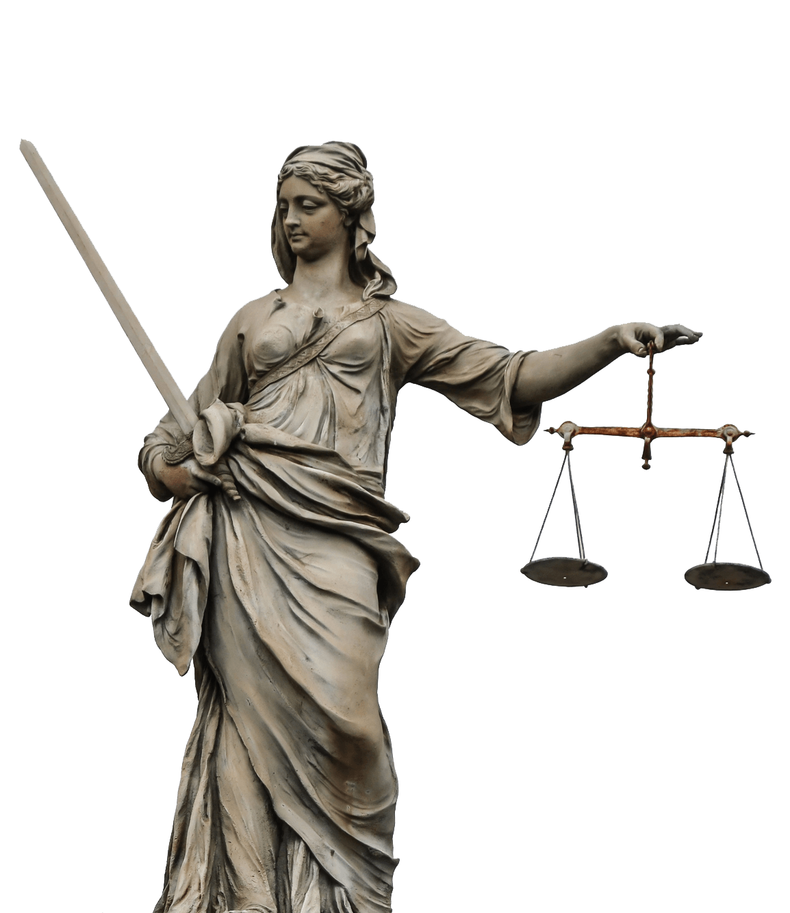 Statue of Lady Justice holding scales and sword, wearing a draped gown.