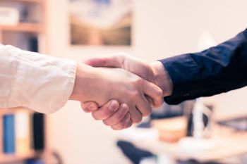 a man and a woman are shaking hands in an office .