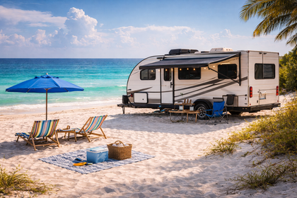 RV in a blue-and-orange travel emblem with beach, palm trees, sun, and snowflake icons