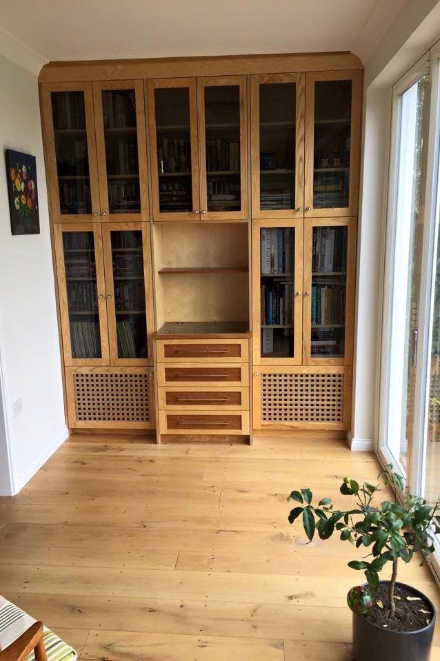 A living room with a bookshelf and a potted plant.