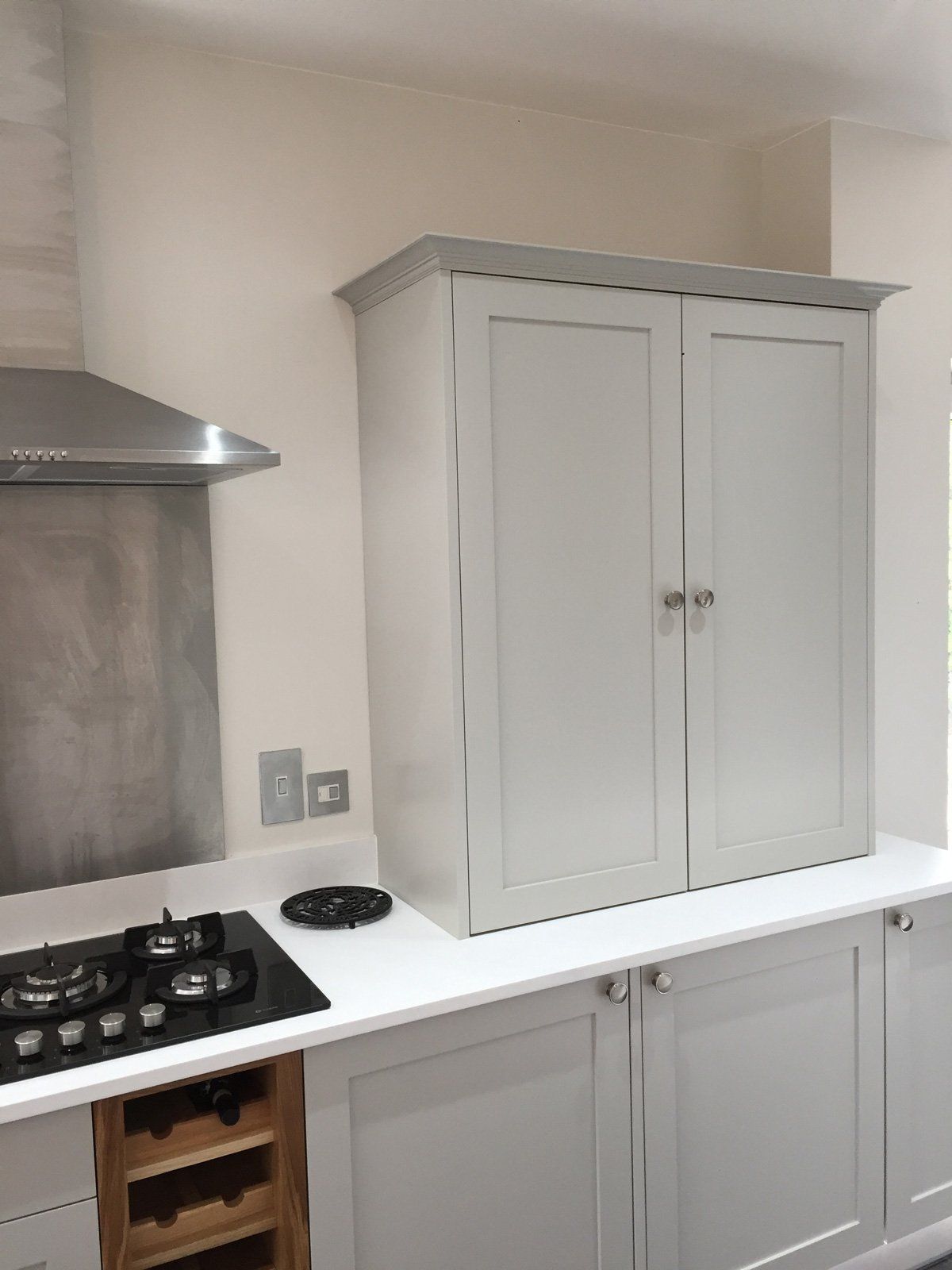 A kitchen with white cabinets and a stove top oven