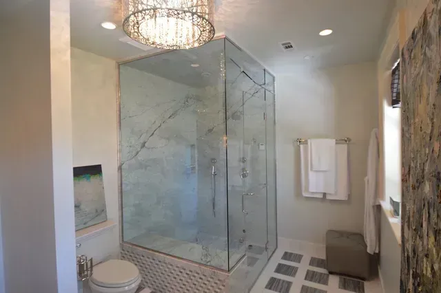 A bathroom with a toilet , shower , and chandelier.