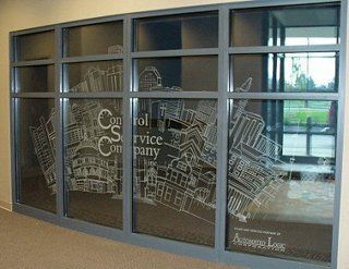 A large window with a drawing of a city on it.