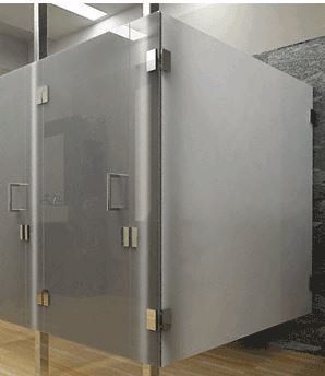 A bathroom stall with stainless steel doors and a wooden floor.