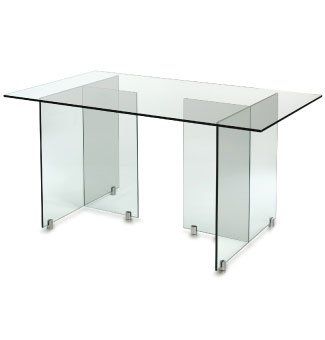 A clear glass desk with metal legs on a white background.