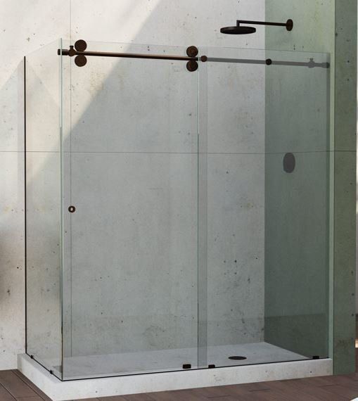 A shower stall with sliding glass doors and a shower head