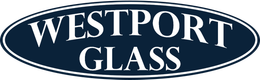 A blue oval logo for westport glass on a white background.