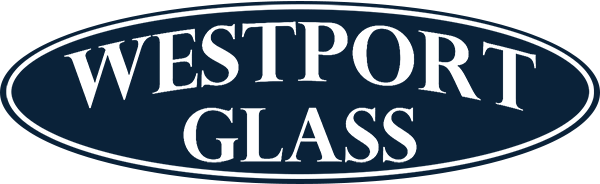 A blue oval logo for westport glass on a white background.