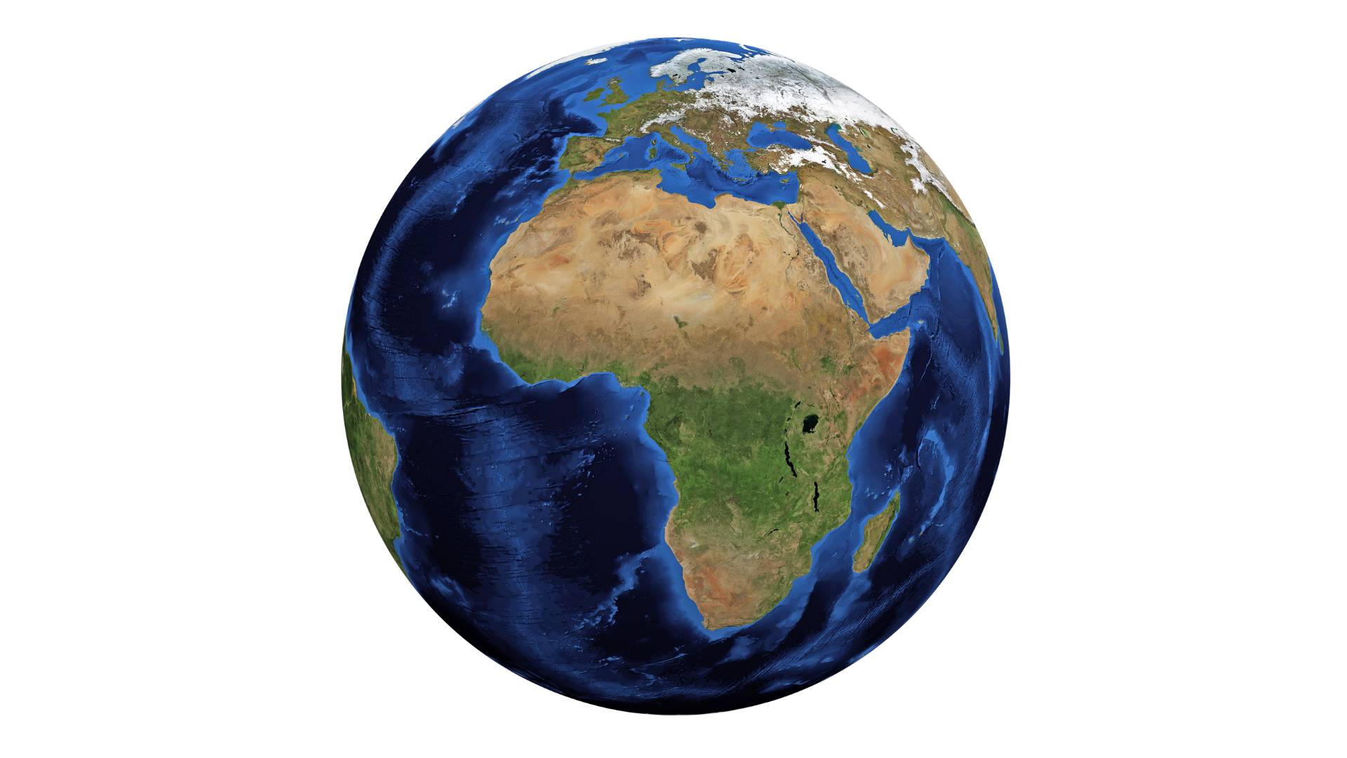 Globe showing Africa and Europe, with land masses in brown and green, and oceans in blue.