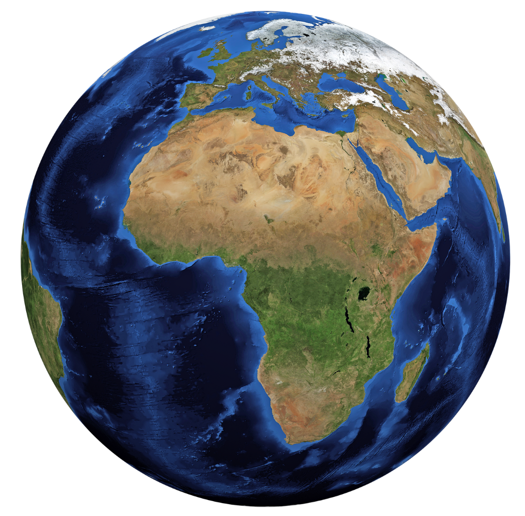 Earth globe showing Europe, Africa, and surrounding oceans.