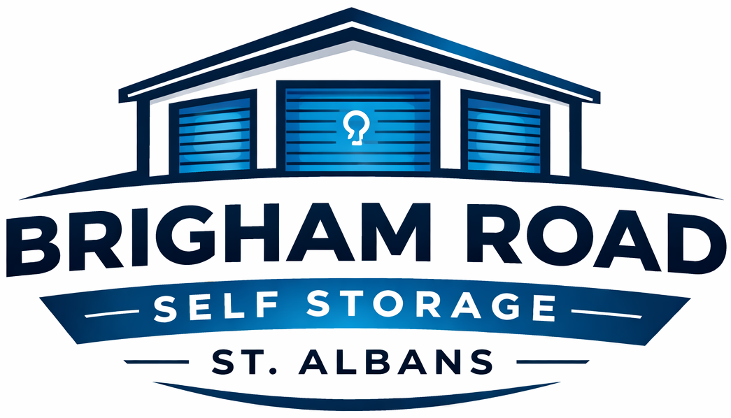 Logo for Brigham Road Self Storage, LLC with blue stylized building and text.