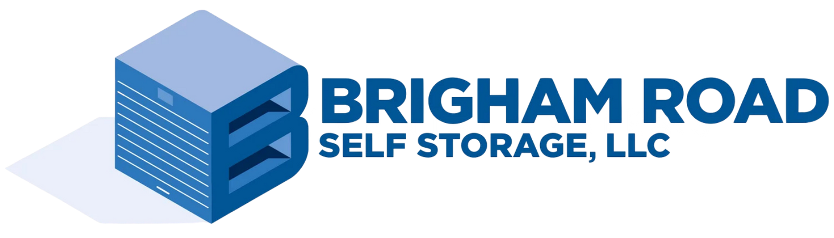 Logo for Brigham Road Self Storage, LLC with blue stylized building and text.