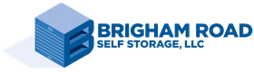 Logo for Brigham Road Self Storage, LLC with blue stylized building and text.