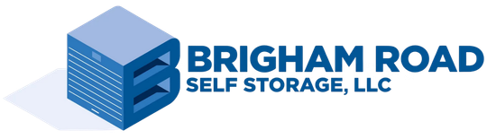 Logo for Brigham Road Self Storage, LLC with blue stylized building and text.