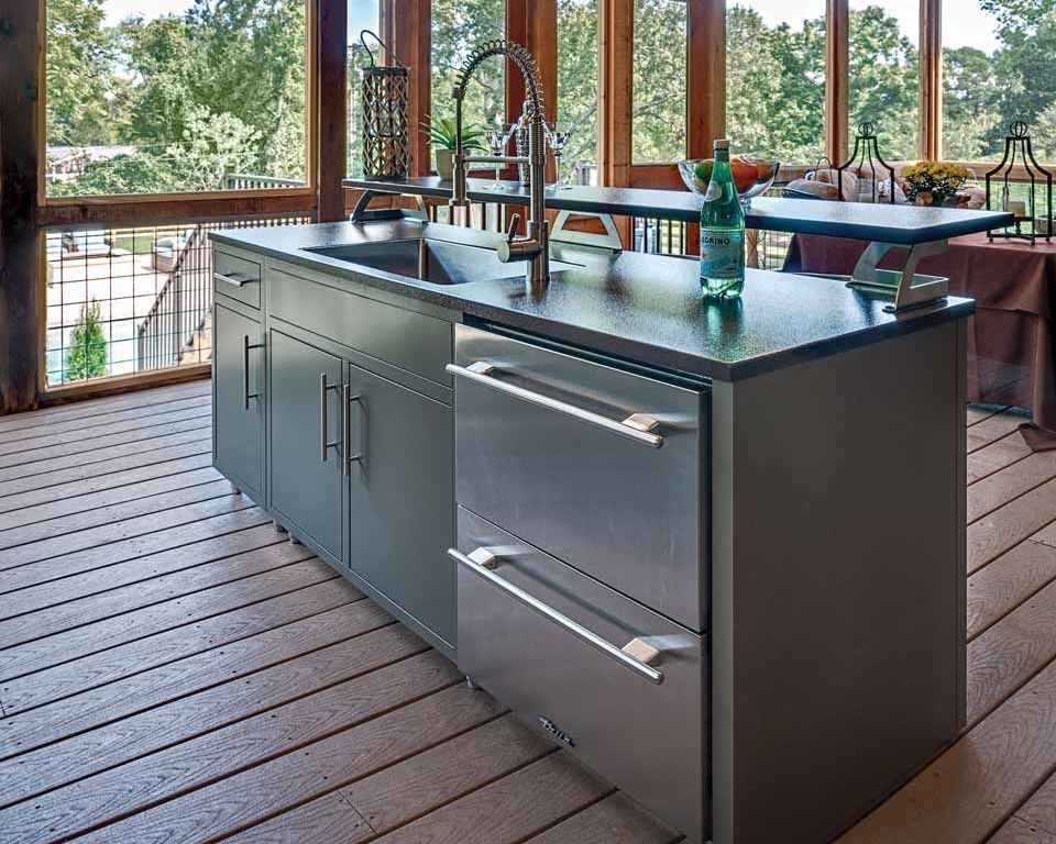 Challenger Designs outdoor Kitchen with bar top and True Double Drawer Refrigerator