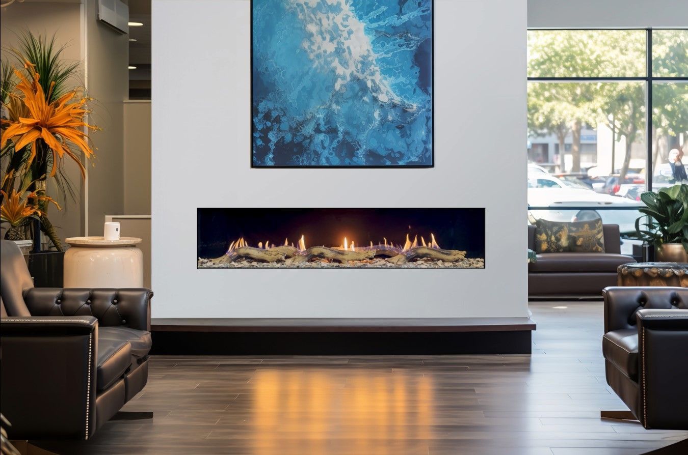 Fireplace with a stone facade, flanked by wooden shelving and a cabinet. Above the fireplace is a mounted deer head.