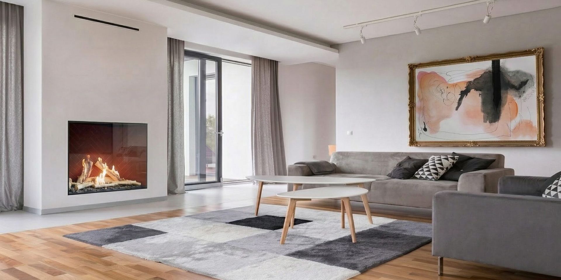 Living room with a fireplace, a bull head decoration above it, and dark gray stonework. A bookshelf and coffee table are also visible.