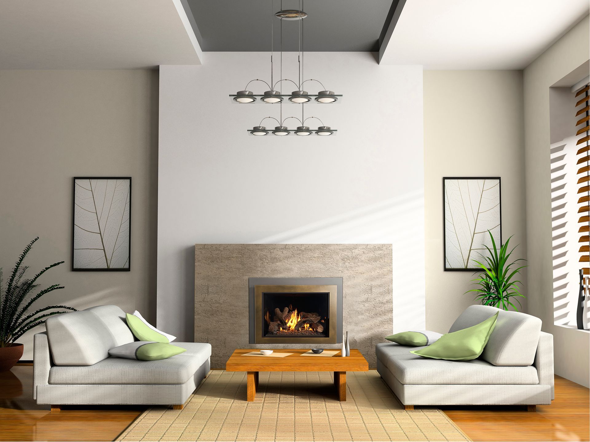 Modern living room with a fireplace, two sofas, a coffee table, and decorative plants. Neutral color scheme with green accents.