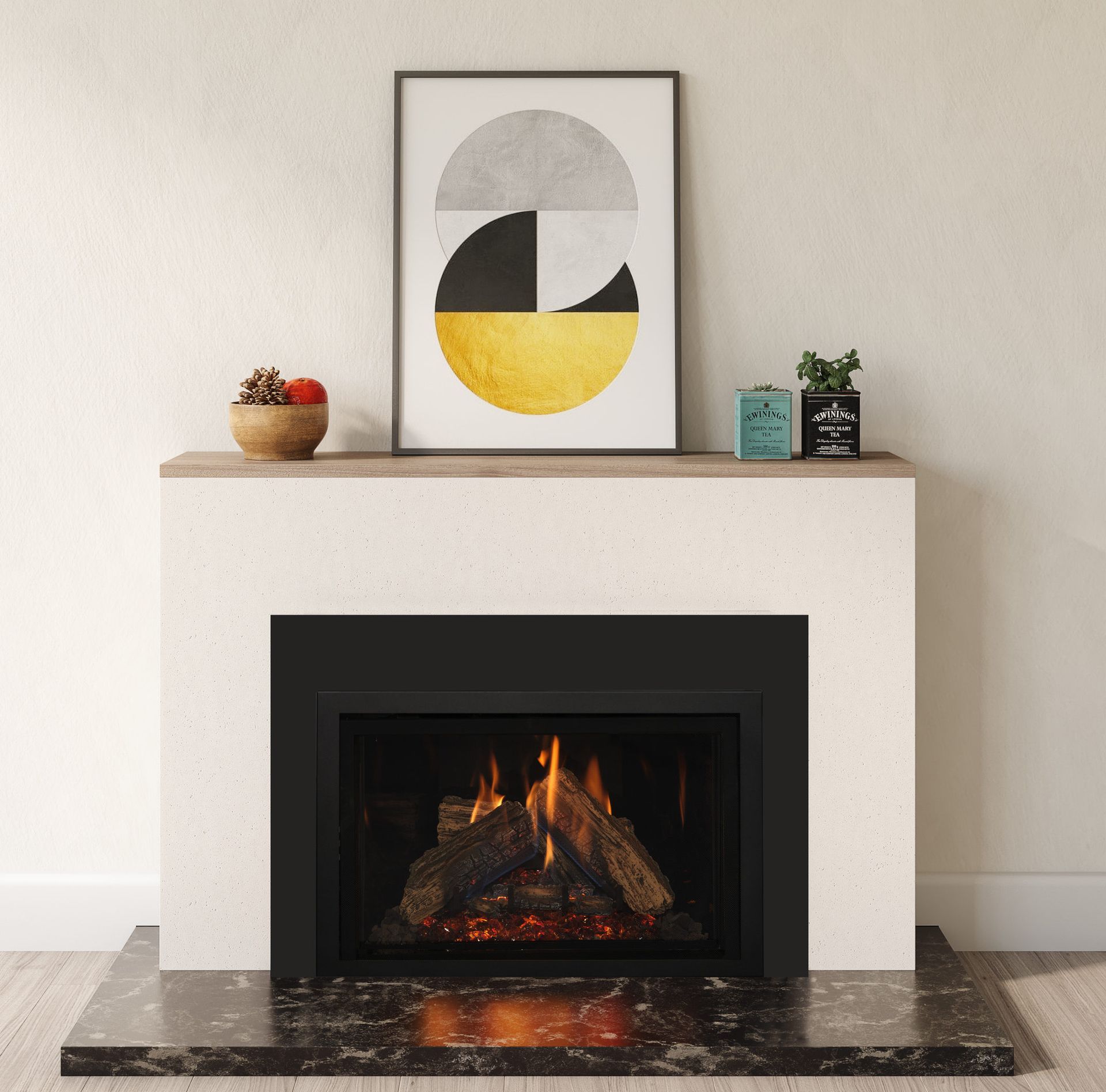 A modern fireplace with a burning fire, topped with art and decorative items. The surround is white, with a black interior and hearth.