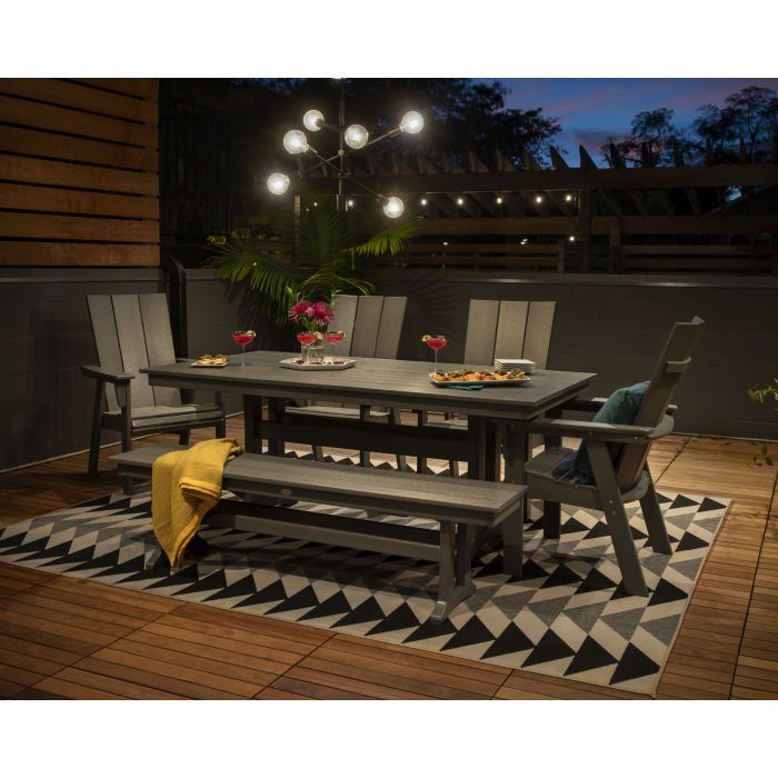 POLYWOOD Modern Adirondack 6-Piece Farmhouse Trestle Dining Set with Bench