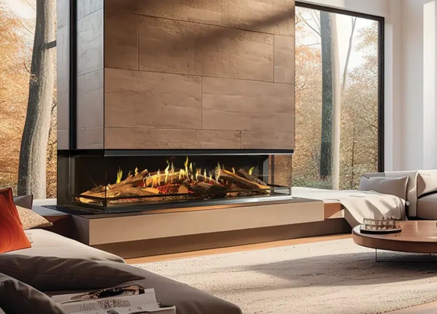 Electric fireplace built into a white wall, displaying artificial flames and logs. A TV is mounted above, with a small sailboat model to the left.